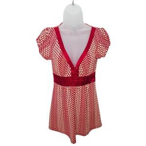 Hot Tempered Vintage Y2K Red Polka Dot V Neck  Retro Empire Waist Baby Doll Top